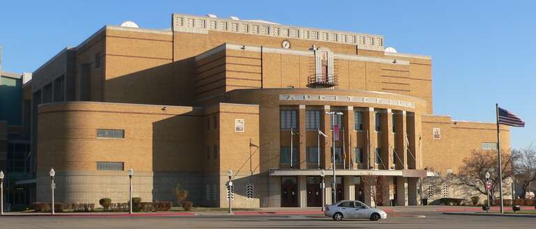 Sioux City Municipal Auditorium, now part of the Tyson Events Center, in Sioux City, Iowa; seen from the southwest.