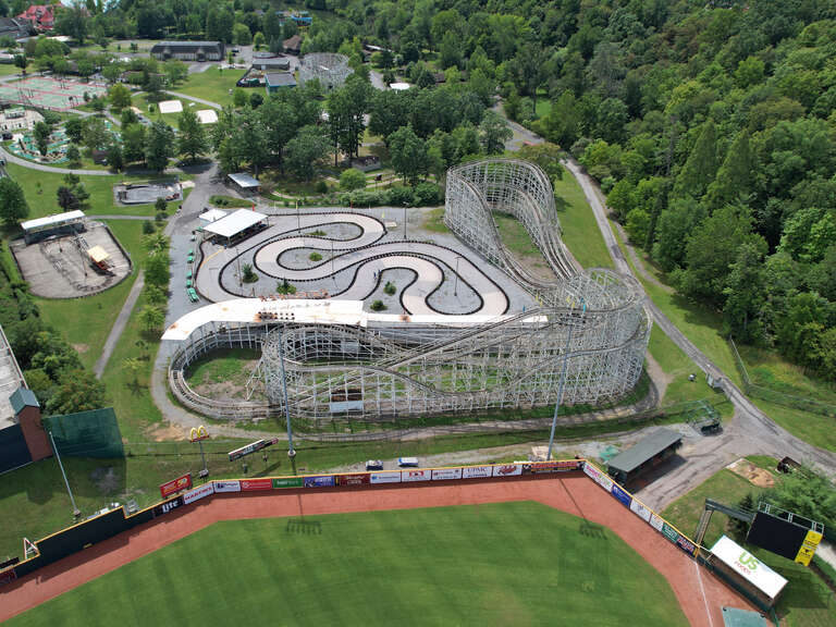 An airborne view of the Skyliner roller coaster at Lakemont Park in Altoona, Pennsylvania in August 2022.