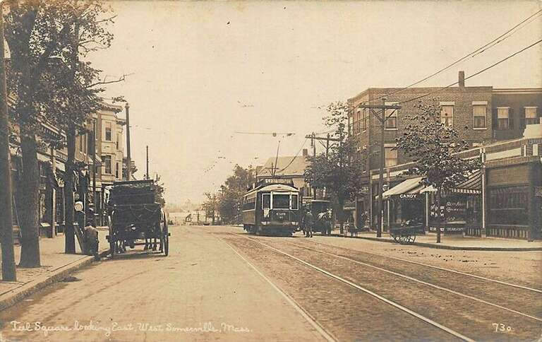 Divided back postcard of a inbound streetcar, bound for Lechmere or Sullivan Square, at Teele Square