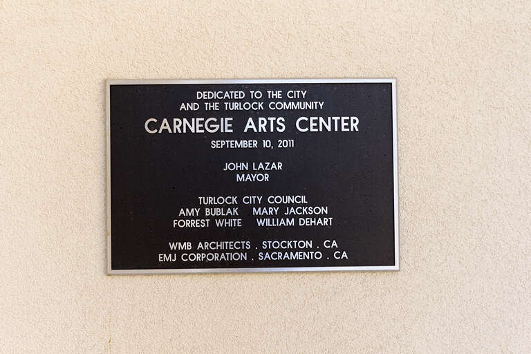 Plaque at the Turlock Carnegie Library — in Turlock, Stanislaus County, California.