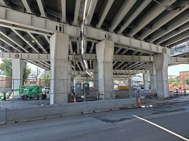 Underside of the Route 1 viaduct in Chelsea during the Chelsea Curves Rehabilitation Project, seen in July 2021