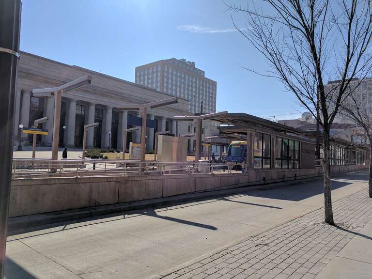 A picture of the light rail station outside of the Union Depot train station in Saint Paul, MN.