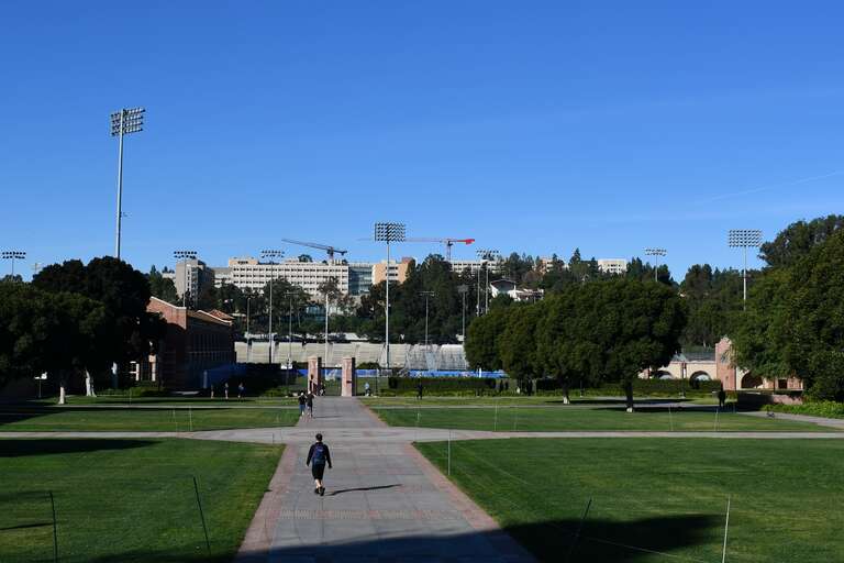 Wilson Plaza, foreground. Wallis Annenberg Stadium, midground. The Hill residential area, background.