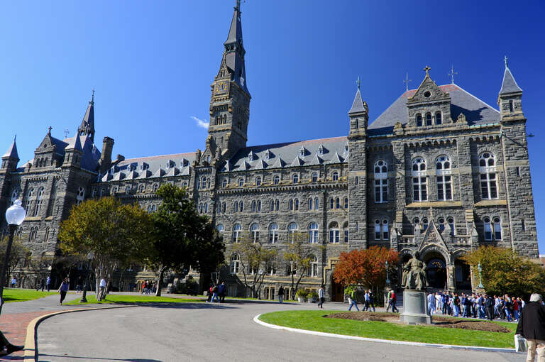 At the entrance of Georgetown University. founded by John Carroll.

John Carroll, (January 8, 1735 – December 3, 1815) was the first Roman Catholic bishop and archbishop in the United States — serving as the ordinary of the Archdiocese of Baltimore.