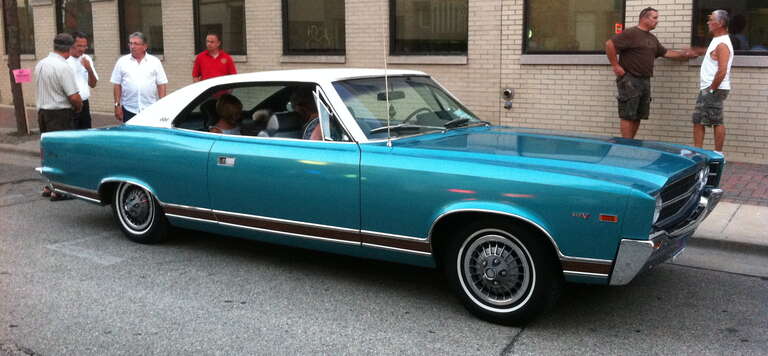 1969  AMC (American Motors Corporation) Ambassador SST two-door hardtop finished in Alamosa Aqua metallic (paint code P-68) - photograph taken in Kenosha, Wisconsin. This car features the 343 cubic inch (5.6 L) V8 engine, as well as the factory