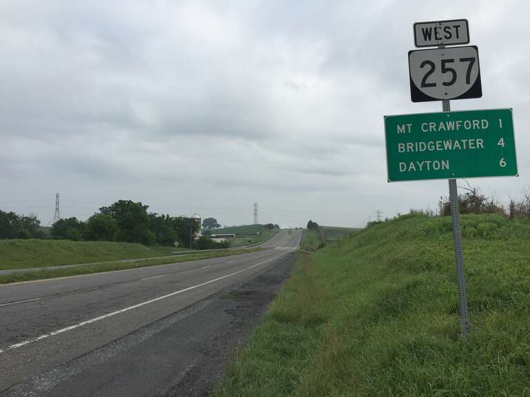View west along Virginia State Route 257 (Friedens Church Road) just west of Interstate 81 near Mount Crawford in Rockingham County, Virginia