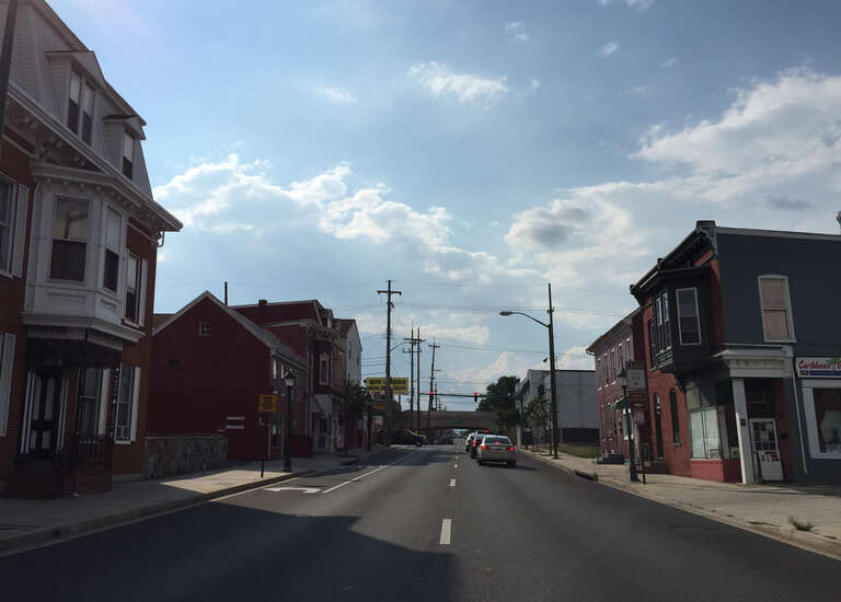 View west along U.S. Route 40 (Franklin Street) between Prospect Street and Walnut Street in Hagerstown, Washington County, Maryland