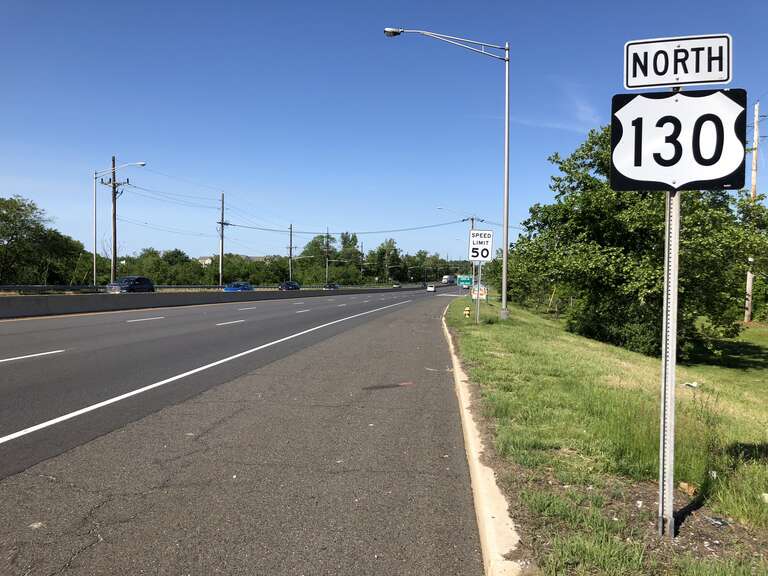 View north along U.S. Route 130 (Burlington Pike) just north of the Rancocas Creek on the border of Delanco Township and Willingboro Township in Burlington County, New Jersey