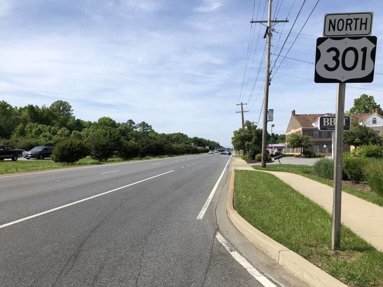 View north along U.S. Route 301 (Crain Highway) just north of Maryland State Route 6 (Port Tobacco Road/Charles Street) in La Plata, Charles County, Maryland