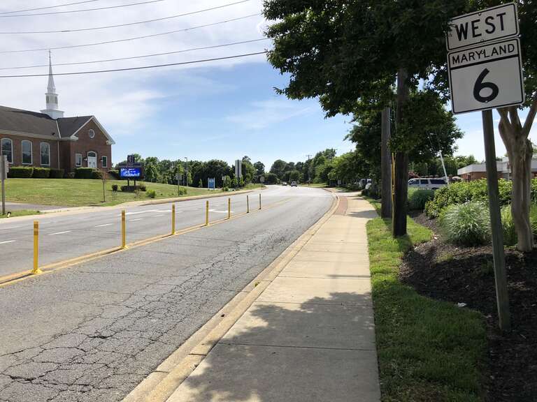 View west along Maryland State Route 6 (Port Tobacco Road) just west of U.S. Route 301 (Crain Highway) in La Plata, Charles County, Maryland