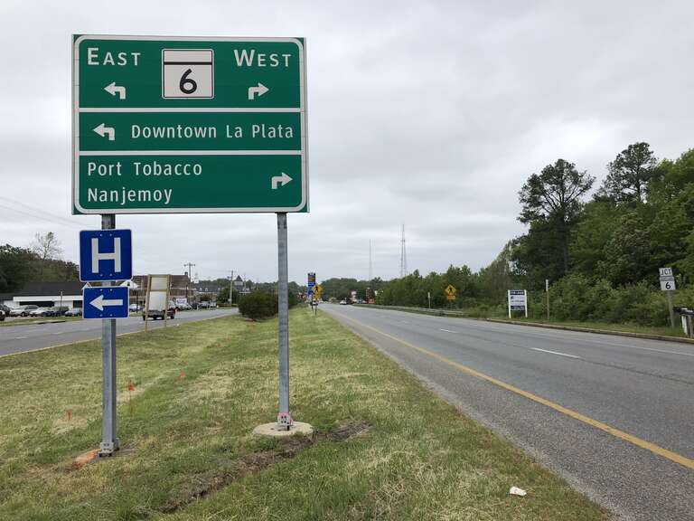 View south along U.S. Route 301 (Crain Highway) just north of Maryland State Route 6 (Port Tobacco Road/Charles Street) in La Plata, Charles County, Maryland
