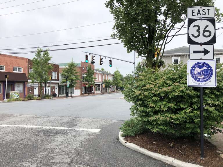 View east along Delaware State Route 36 (Walnut Street) at Front Street in Milford, Sussex County, Delaware