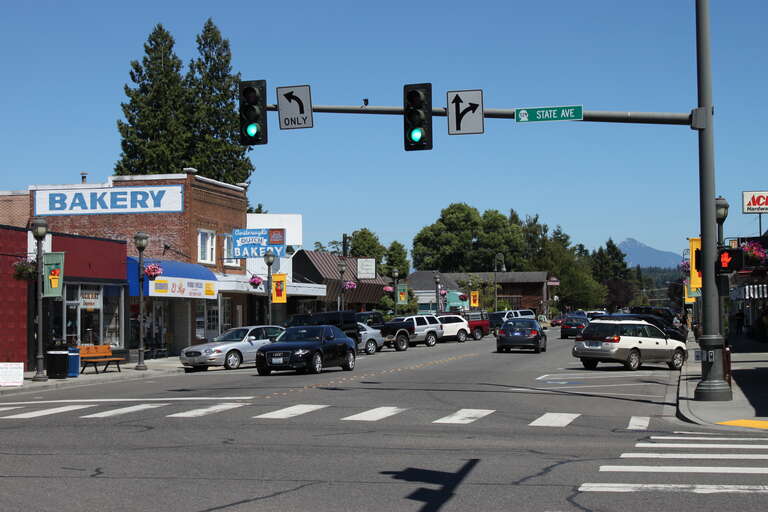 Looking east on 3rd Street in Downtown Marysville, Washington, from State Avenue.