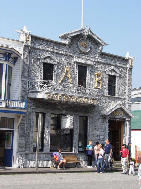Arctic Brotherhood Hall and Camp Skagway, a historic building covered with driftwood on Broadway in Skagway, Alaska.