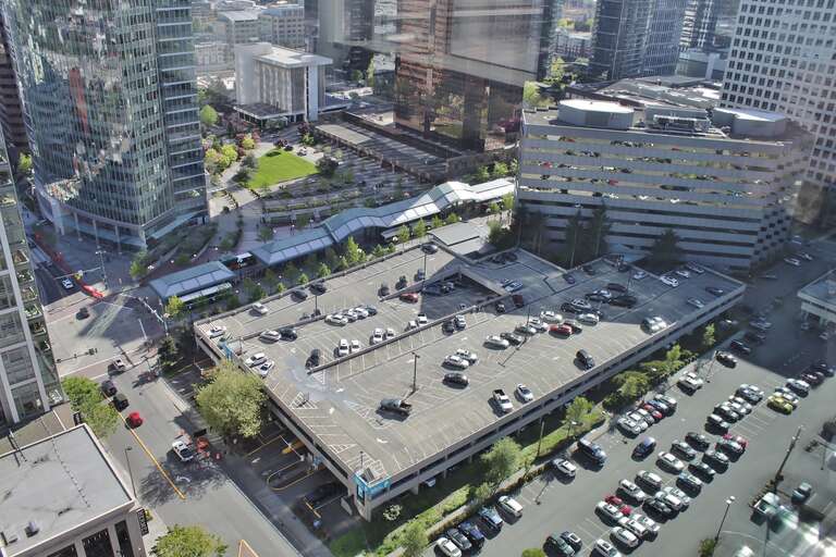 An overhead view of the Bellevue Transit Center and the adjacent Bellevue Corporate Center property, proposed as the site of Bellevue 600, as seen from The Bravern.