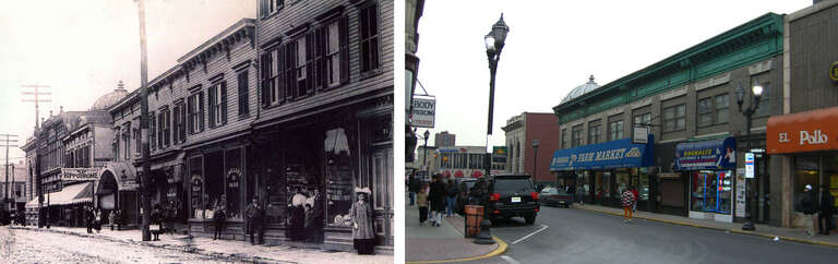 Left: Shot of Bergenline Avenue facing south toward 32nd Street, in Union City, New Jersey, circa 1900. Taken from a municipal giveaway calendar, which was produced by the city. Right: Shot of Bergenline Avenue facing south toward 32nd Street, taken