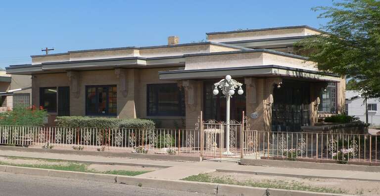 Bray-Valenzuela house, located at 203 N. Grande Avenue (northwest corner of Grande and Franklin Street) in Tucson, Arizona; seen from the southeast, across Franklin.