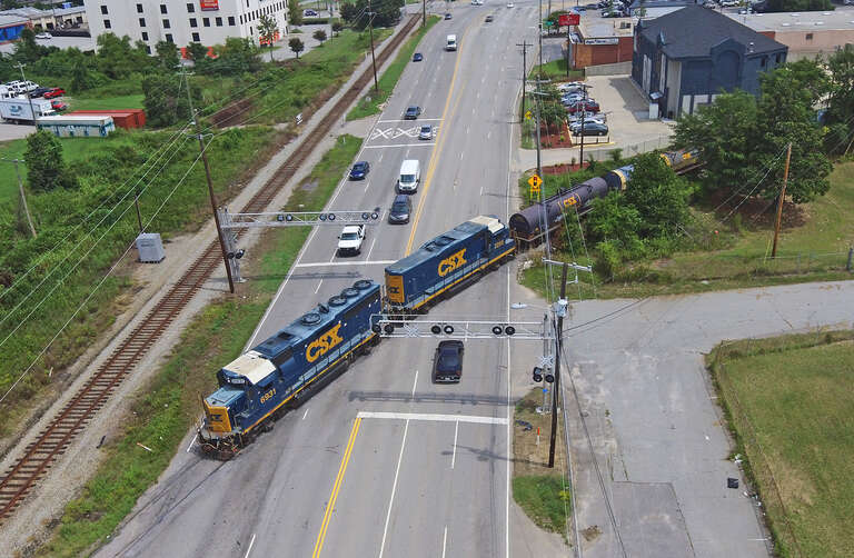 CSX F768-31 is crossing Assembly St., as they're leaving the N.I.T. track and coming back on the Eastover Subdivision.