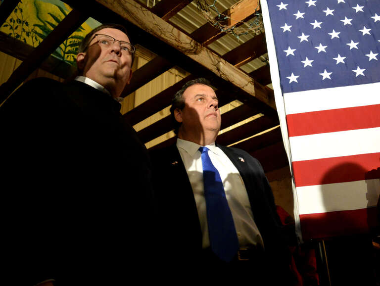 New Jersey Gov. Chris Christie, 2016 Republican presidential candidate, and former Iowa House Speaker Kraig Paulsen, R-Hiawatha, at a rally at Prairie Moon Winery in Ames, Iowa on Sunday, Jan. 31, 2016.

Mandatory credit to Alex Hanson if used