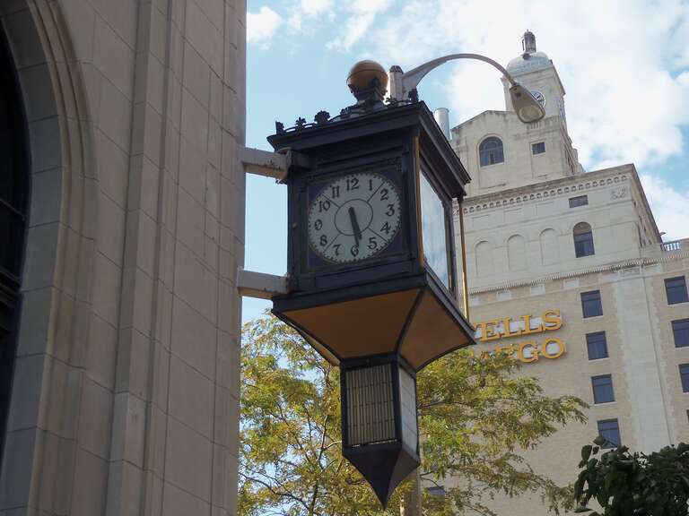 Clock on the First National Bank Building in Davenport, Iowa.