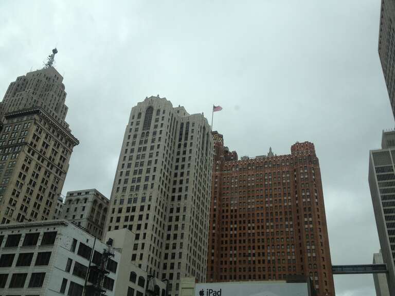 View of Downtown Detroit from Street, Detroit, Michigan, USA.