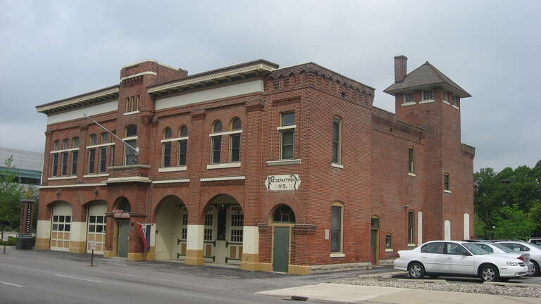 Front and eastern side of Engine House No. 3, located at 226 W. Washington Boulevard in Fort Wayne, Indiana, United States.  Built in 1893, it is listed on the National Register of Historic Places.