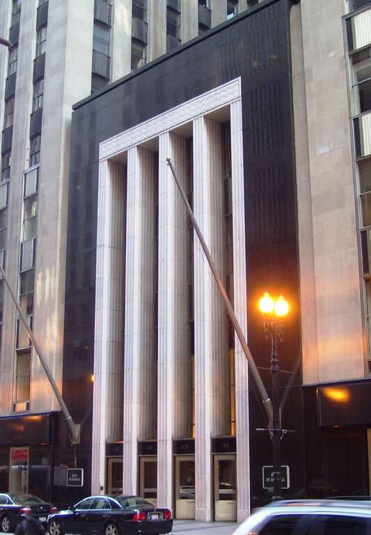 The main entrance to the Field Building at 135 South LaSalle Street at West Adams Street in the Financial District of Chicago, Illinois, also known as the LaSalle National Bank Building.  It was completed in 1934, and was designed in the Art Deco