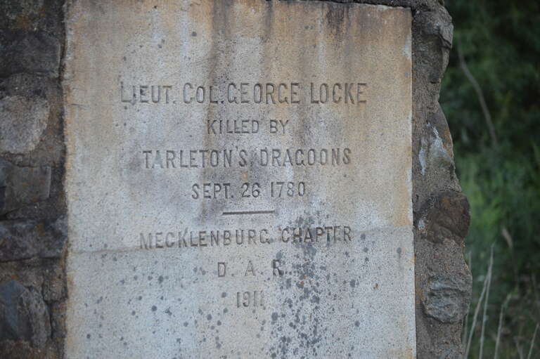This monument, placed near the NC 29-NC 49 connector by the Daughters of the American Revolution, honors Lieutenant Colonel George Locke, who was killed in 1780 by Banastre Tarleton's Green Dragoons.