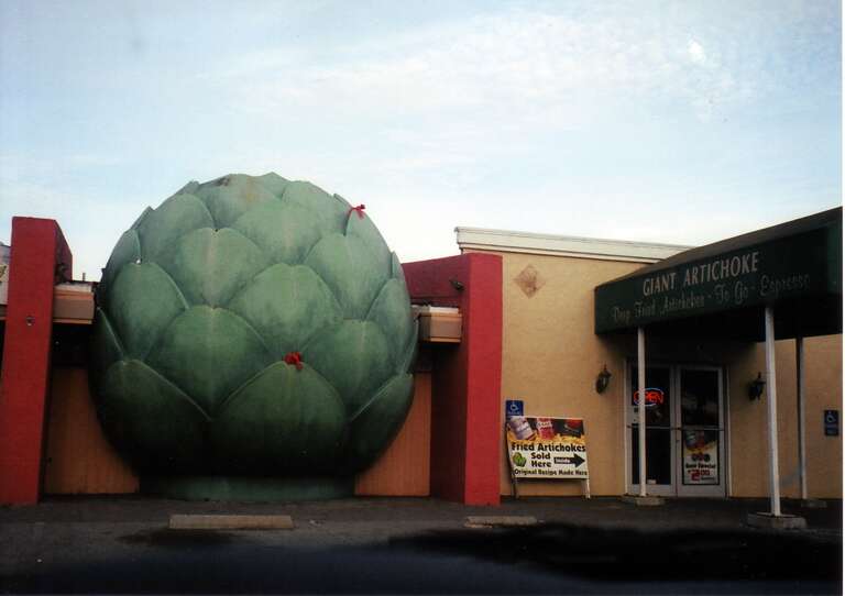 View of the main entrance to the Giant Artichoke restaurant in Castroville, California.