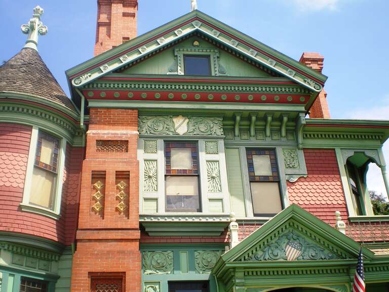 Photograph of front facade of the Hale House  — at Heritage Square Museum, north-central Los Angeles, California.
The Victorian Queen Anne style house was located in the nearby Highland Park district for 85 years (1885 - 1970).
The Hale House is a