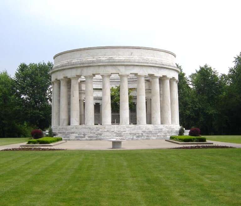 Northern side of the Harding Tomb, located in the city cemetery in Marion, Ohio, United States.  Built in 1926 as a memorial to U.S. President Warren G. Harding, it is the location of his and Mrs. Harding's caskets.  The tomb is listed on the