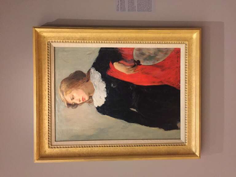 A Young Woman with Fan by Hattie Saussy (c. 1930); oil on canvas mounted on board. Located in the Columbia Museum of Art (Columbia, South Carolina).