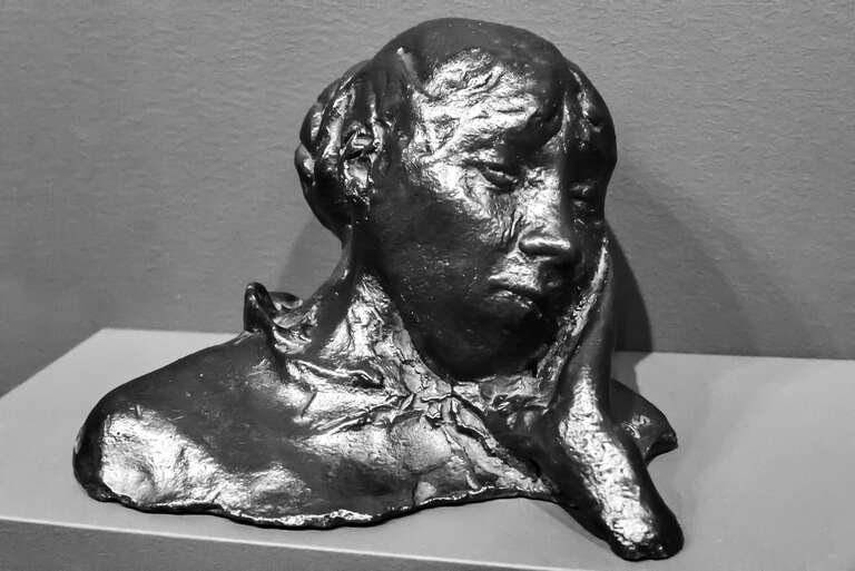 500px provided description: Head resting on one hand, bust (Portrait of a woman [Madame Bartholom??])
Edgar Degas
Bronze
Modeled 1890s; cast 1919-21

The Norton Simon Museum in Pasadena, California [#black and white ,#woman ,#art ,#monochrome ,#head
