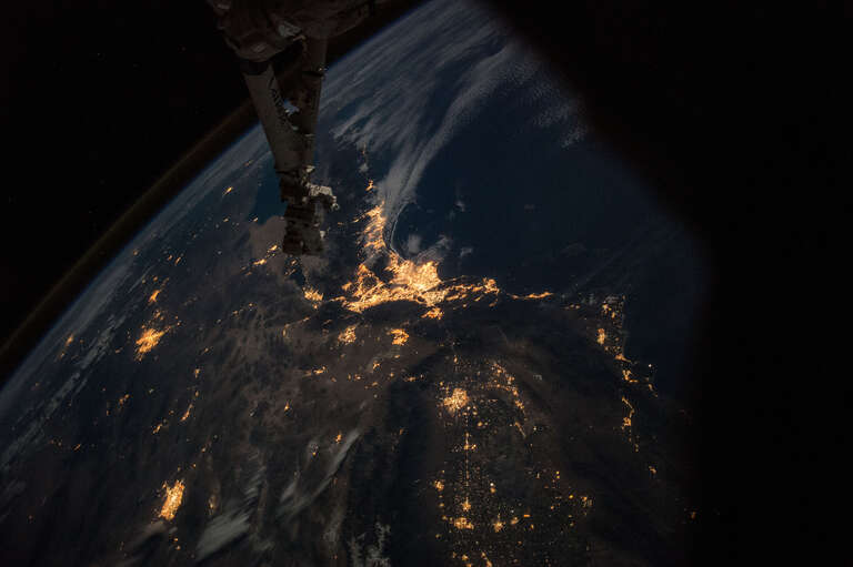 View of southwestern United States at night taken during ISS Expedition 43. Los Angeles (center), Phoenix (left) and Las Vegas (lower left) are clearly visible in this image.