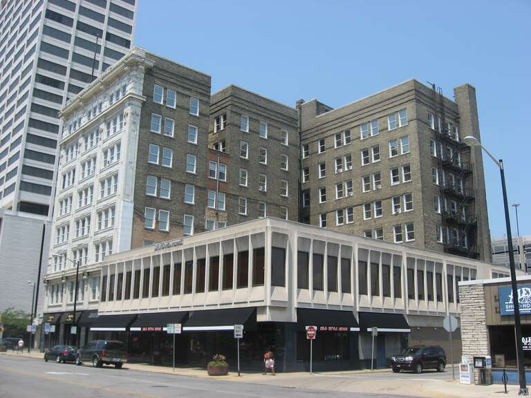 Rear and southern side of the J.M.S. Building (the taller building in the background), located at 108 N. Main Street in South Bend, Indiana, United States.  Built in 1910, it is listed on the National Register of Historic Places.
