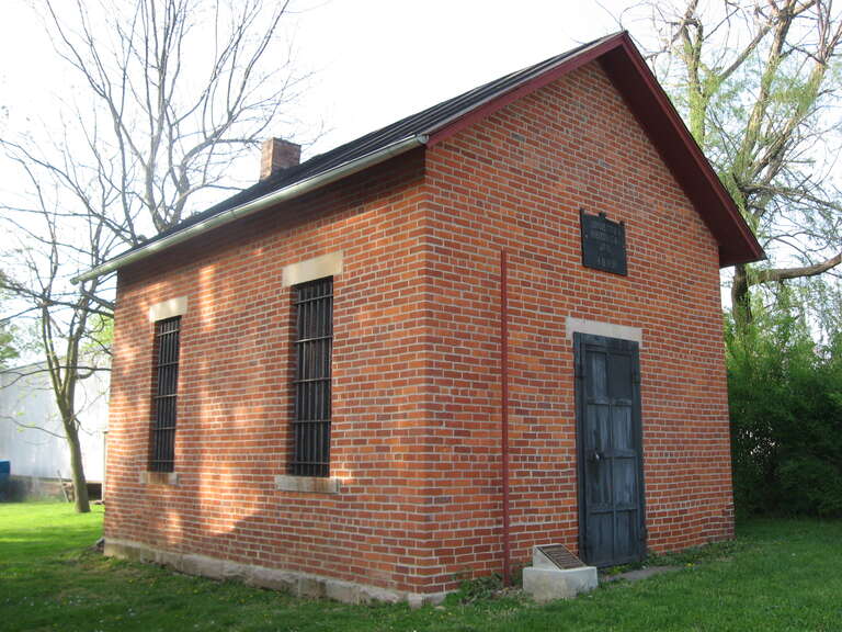Front and western side of the Johnstown Jail, located at 66 W. Pratt Street in Johnstown, Ohio, United States.  Built in 1888, it is listed on the National Register of Historic Places.