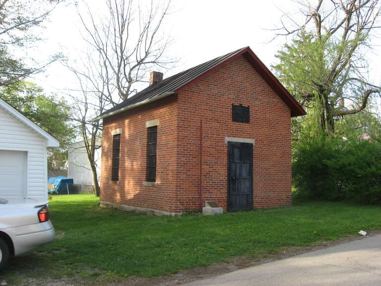 Front and western side of the Johnstown Jail, located at 66 W. Pratt Street in Johnstown, Ohio, United States.  Built in 1888, it is listed on the National Register of Historic Places.