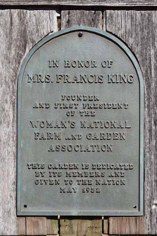 Marker honoring Louisa Boyd Yeomans King.  &quot;In Honor of Mrs. Francis King/Founder and First President of the Woman's National Farm and Garden Association/This garden is dedicated by its members and given to the nation/May 1952&quot; National Arboretum