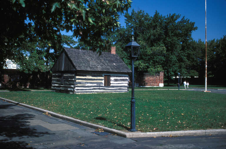 Early log cabin of the style brought over from Sweden, which was unknown to the English and Dutch settlers. Located in Fort Christina Park in Wilmington.