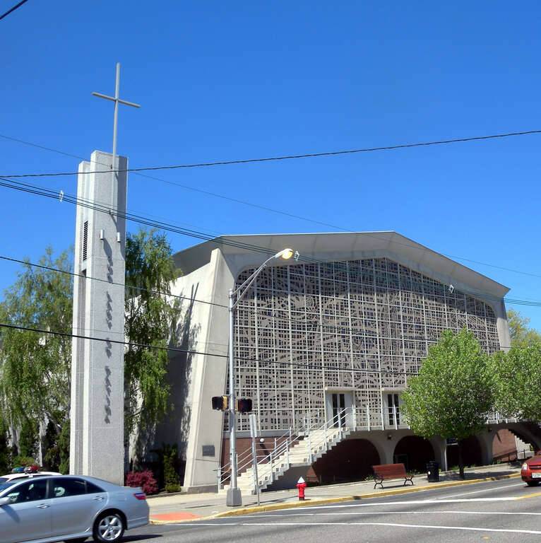 Looking northwest at Our Lady of Fatima Church on a sunny midday.