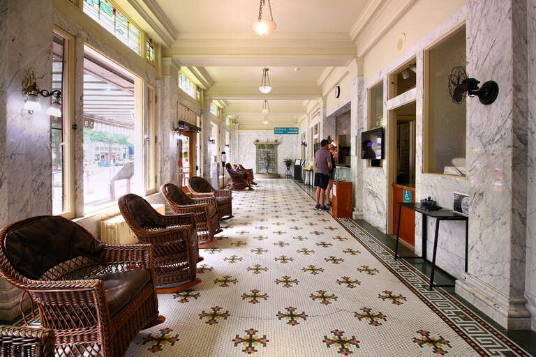 The lobby of the Fordyce Bathhouse in Hot Springs National Park, Hot Springs, Arkansas, United States.