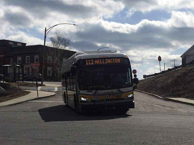 MBTA route 112 bus at Chelsea Soldier's Home in March 2021