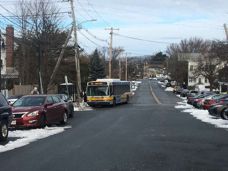 MBTA route 411 street on Oak Island Street in Revere in February 2021