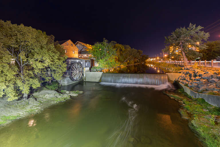 The Old Mill, the oldest building in Pigeon Forge, Tennessee. The mill was constructed ca. 1830 by the Love family, and passed to the Trotter family shortly thereafter. The accompanying mill dam was built in 1916. The mill is located on Old Mill