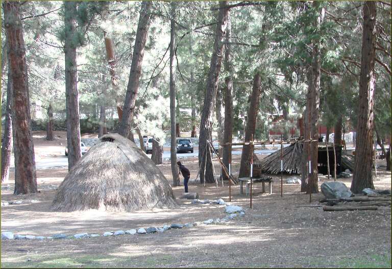(1 in a multiple picture set)
At the Visitor's Center (housed in the old Mt. Baldy School building) they have a recreation of a Tongva Indian village.  The structure on the left is a dwelling, and the one in the background to the right is a