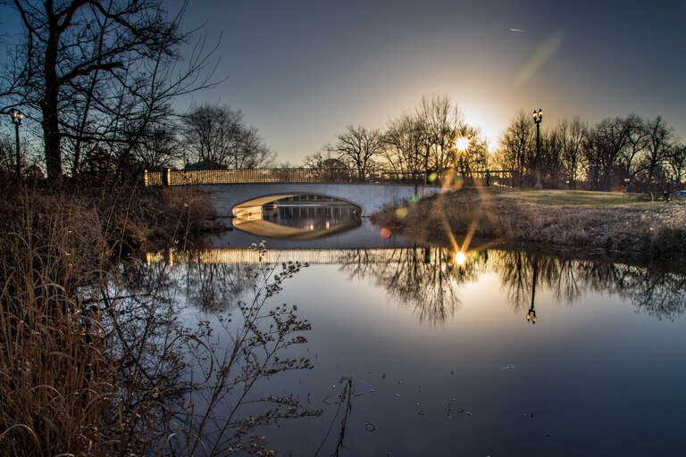 bridge in forest park, st louis, mo between the muny area and boat rental area