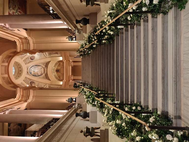 Steps inside the Museum of Fine Arts, Boston, decorated for a wedding