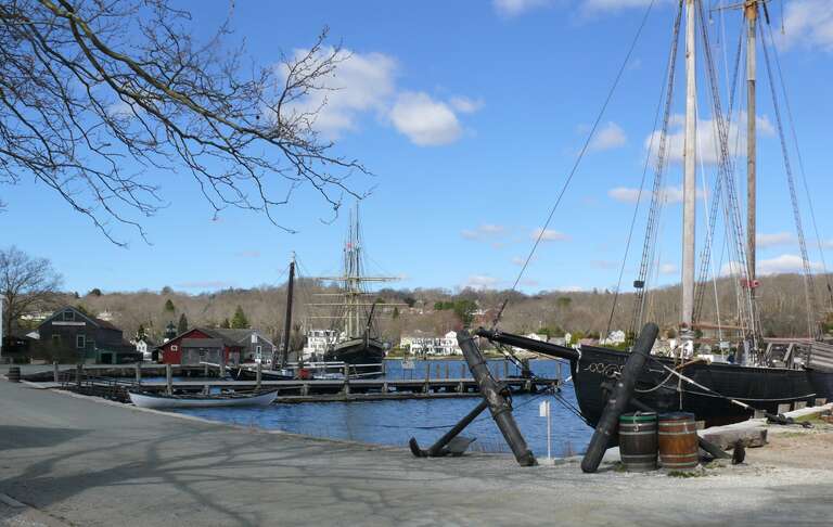 Joseph Conrad, Square rigged ship,  and L.A. Dunton, a fishing Schooner, in Mystic Seaport, CT.