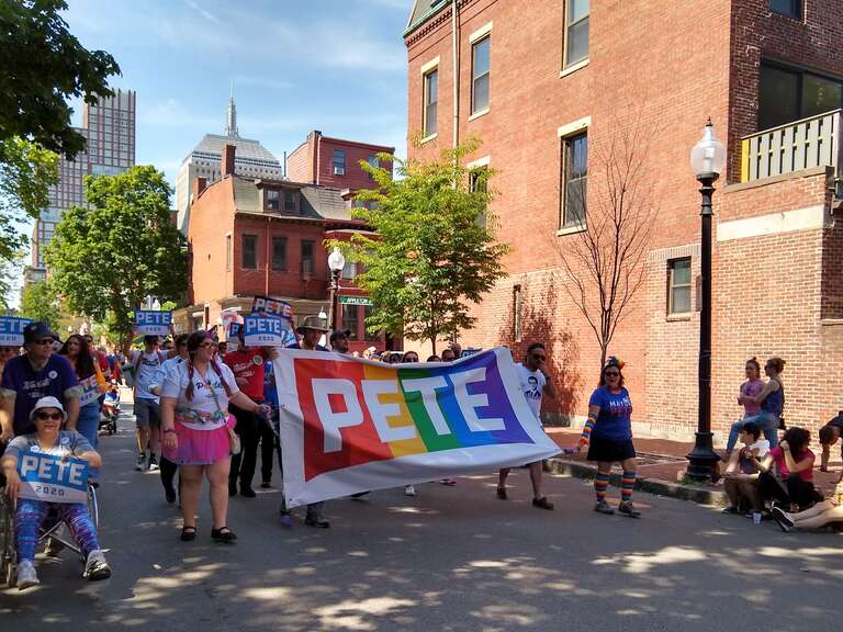 Pete Buttigieg supporters marching in the 2019 Boston Pride parade.