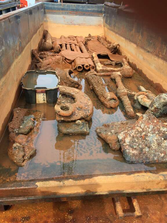 As part of the mechanized phase of the CSS Georgia’s recovery, archaeologists are using a five-finger style grapple to raise large clumps of the remaining artifacts from the bottom of the Savannah River. 

Photo courtesy of Paul Hankins, Donjon
